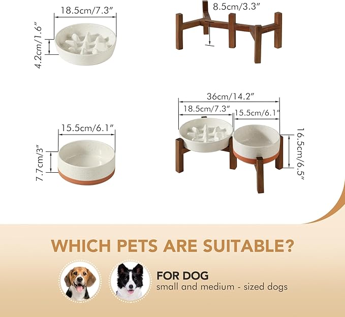 Havniva Elevated Slow Feeder Dog Bowls, 1.2 Cups/7.3 inch Slow Feeders + 6.1 inch Ceramic Dog Food & Water Bowls Set with Acacia Wood Stand Puzzle Bowls for Fast Eater, Small Dogs Anti-Choking