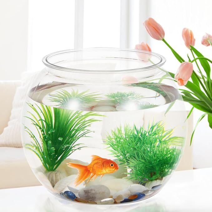 POPETPOP Small Fish Tank Desktop Aquarium Round Clear Plastic Fish Bowl for Home Office Decor 8.66X8.66X6.89 Inches