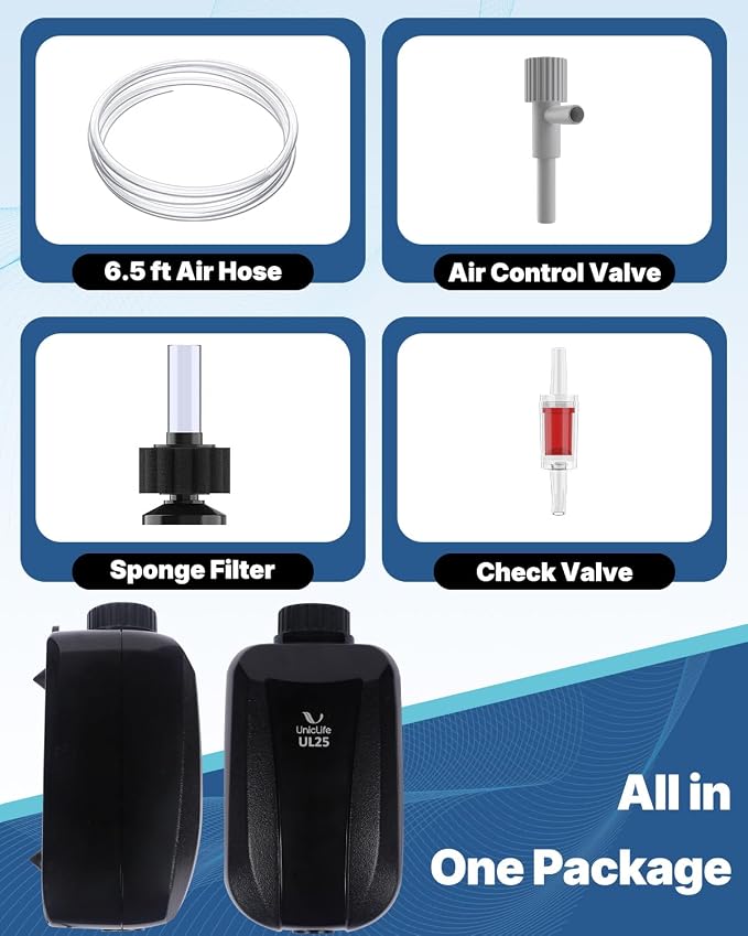 Uniclife Aquarium Air Pump, Adjustable Quiet Oxygen Pump for Fish Tanks, Airline Tubing & Accessories