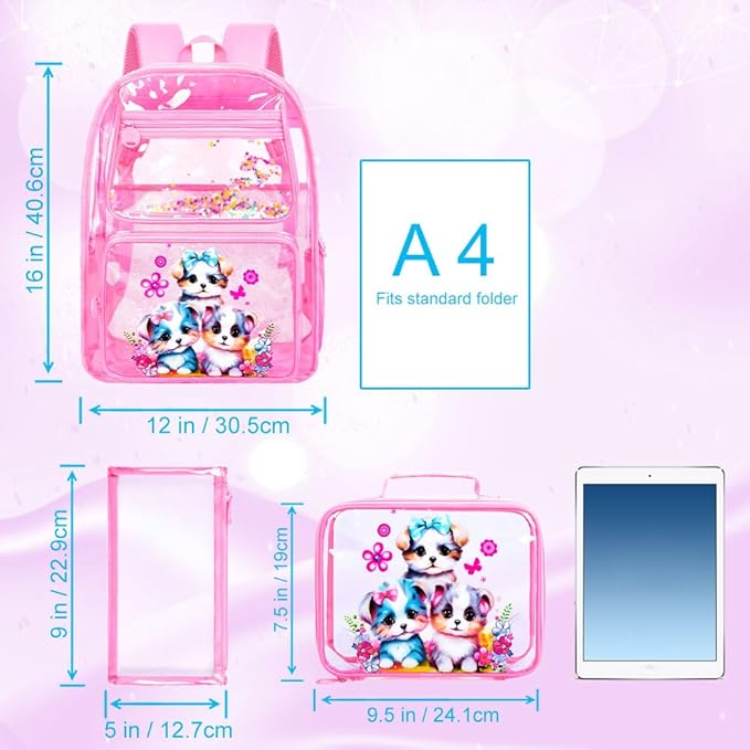 AGSDON 3PCS Clear Backpack for Girls, See Through Backpacks for Kids with Lunch Box, Heavy Duty Transparent Bookbag - Dog