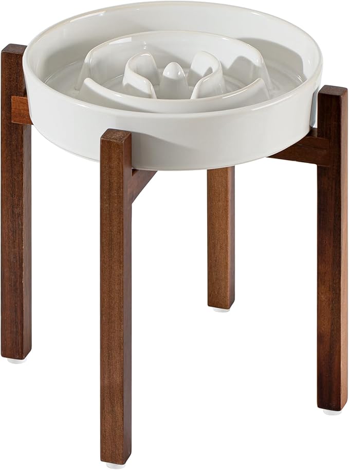 Havniva Elevated Slow Feeder Dog Bowls, 3.2 Cups Raised Ceramic Dog Food Bowls with Acacia Wood Stand, 9.5 inch Slow Feeder for Large Dogs Puzzle Bowls for Fast Eater Anti-Choking