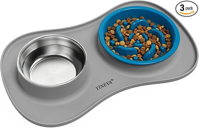 YINEYA Slow Feeder Dog Bowls Stainless Steel Food and Water Bowl Set 3 in 1 No Spill Waterproof Silicone Pet Food Mat Puppy Feeding Station for Large Medium Small Breed Non Slip Metal Dish Tray