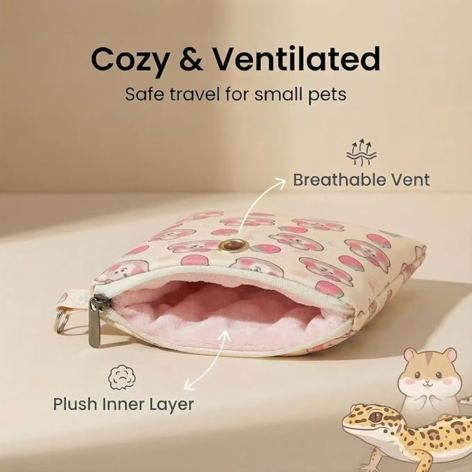 Small Pet Carrier Bag with Soft Minky Dot Lining, Breathable & Waterproof Travel Pouch for Leopard Geckos, Hamsters, Small Reptiles and Small Animals –All-Season Use