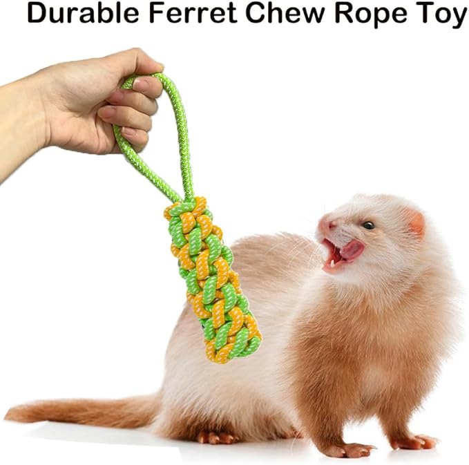 7 Pack Ferret Chew Toys Ferret Bell Balls Squeaker Toy Squeak Teething Pet Toy Durable Knotted Tug of war Cotton Chew Rope Exercise Scratch Interactive Cat Dog Rope Set Small Animal