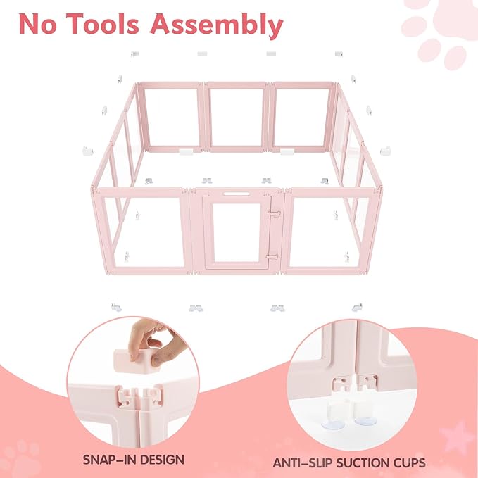 DIY Clear Acrylic Dog Playpen Indoor, Transparent Easy Cleansing Puppy Fence with Suction Cup, Easy-Assemble Indoor Whelping Crate for Small Puppies (23.6" H, 12PCS), Pink