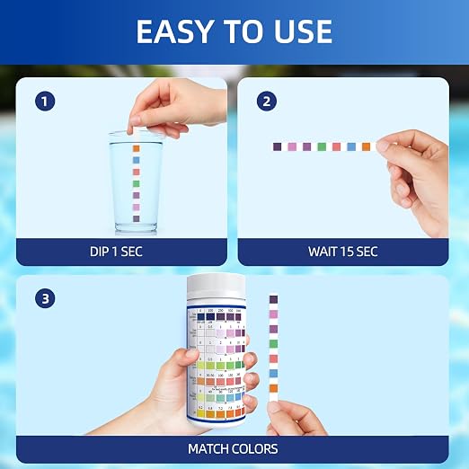 7 in 1 Accurate Pool Test Strips, 150-Count Hot Tub & Spa Test Strip | Water Chemical Testing Kit for Bromine, Chlorine, pH, Hardness, More, Fast & Easy Test Way, Pool Water Testing Kit