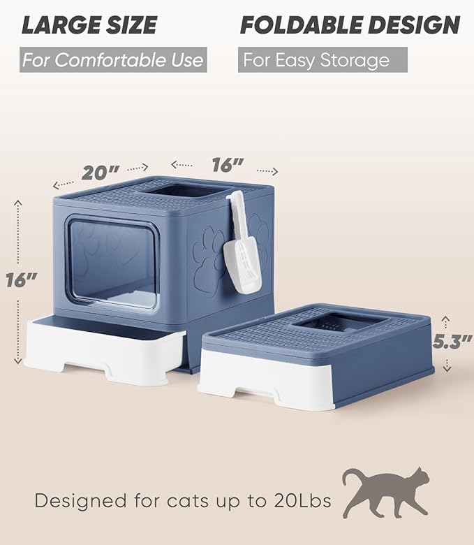 Covered Litter Box, Large Litter Box for Big Cats, Enclosed Cat Litter Boxes with Lid, Top Entry Kitty Litter Box with Scoop, Odor Control, Easy to Clean (Blue)