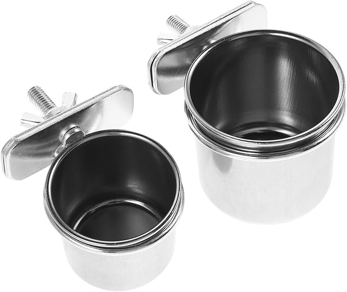 Stainless Steel Bird Feeder Cups with Clamp Holder, 4.4cm and 5.5cm Parrot Feeding Bowls for Cage, Hanging Coop Food Dish for Budgie Cockatiel Parakeet