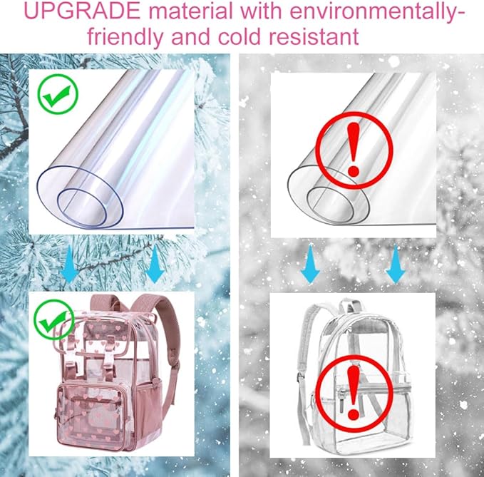 17" Love Heart Clear Backpack for Girls - 3Pcs Flip Design Stadium Approved Set, Campus/School Transparent Bookbag (Pink)