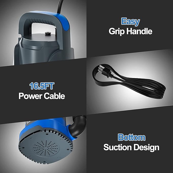 Sump Pump Submersible 1HP 3700GPH Utility Water Pump Portable Transfer Electric Water Sump Pumps with 8 Accessories for Swimming Pool Draining Hot Tub Pond Basement