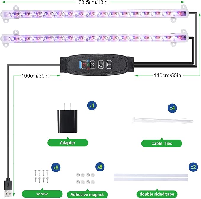 RWNTAO Two Strip Growing Lamp for Indoor Plants, Red & Blue & Yellow Full Spectrum LED Grow Light Strips with Auto ON/Off 3/9/12H Timer,10 Dimmable Levels for Green House Succulent (2 Head 13 in)