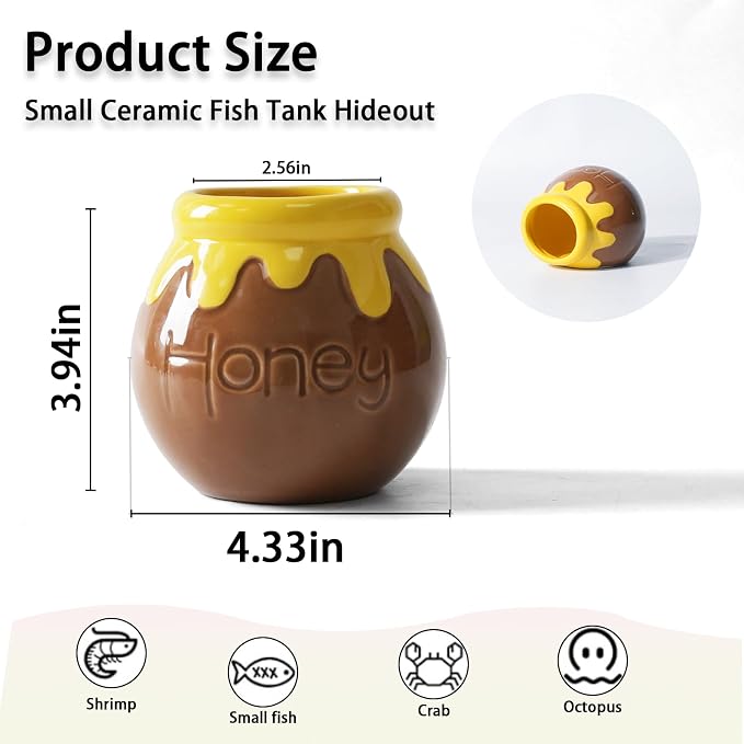 Ceramic Aquarium Decor Cartoon Honey Design Betta Fish Tank Cave | Smooth-Surface Safe for Fish Hiding & Breeding, Easy-Clean, No Assembly, for Play & Rest,Fits 3-5 Gallon Fish Tanks