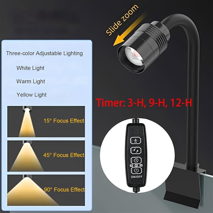 Mini Aquarium Spotlight with Timer, Clip-On Gooseneck Lamp, 15°-90° Zoom | Tri-Color White/Warm White/Warm Light, Dimmable 3W USB, 5.2 In Gooseneck, Fits Glass Up To 8mm