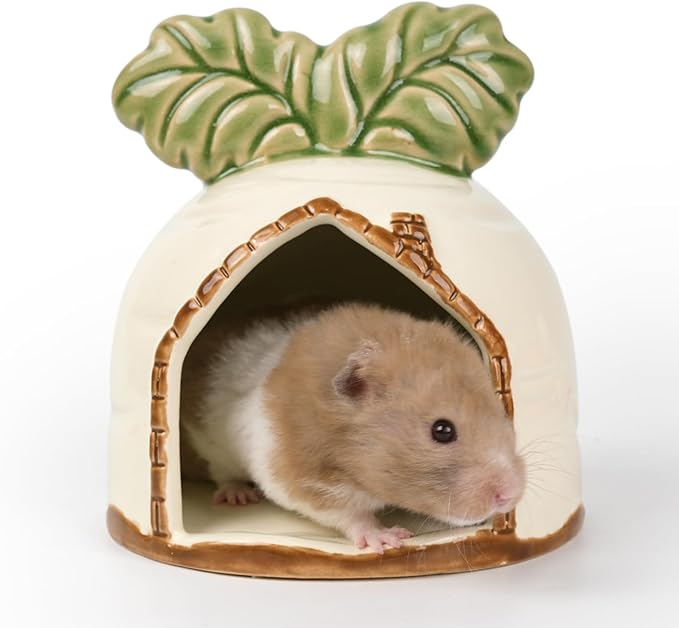 Ceramic Hamster Hideout, Hamster House and Habitat, Syrian Hamster Hideout Decor Cool Bed for All Season Gerbil, Mice Guinea Pig (White, Carrot)