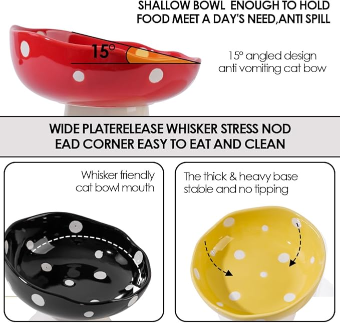 Ceramic Elevated Mushroom Cat Bowls, Tilted Raised Pet Dish Anti Vomit Kitten Bowl for Indoor Cats, Whisker Friendly Pet Food and Water Bowl for Kitten, Cat, Puppies, Dishwasher Safe (Red)