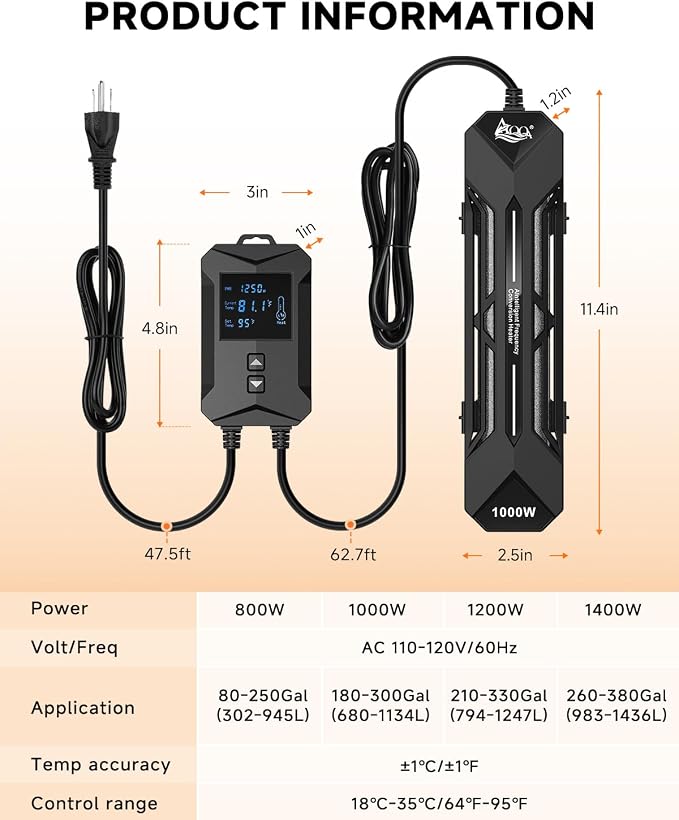 AQQA Aquarium Heater 800W/1000W/1200W/1400W Fish Tank Heater | LED Digital Display Submersible No Pond Heaters with Overheat & Dry-Out Protection for Freshwater & Saltwater Tanks (1200W)