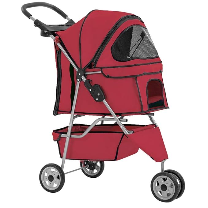 BestPet 3 Wheels Pet Dog Stroller Cat Cage for Medium Small Dogs Cats Travel Folding Carrier Waterproof Puppy Stroller with Cup Holder & Removable Liner,Red