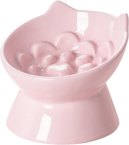 PawsPik Lynx Ceramic Raised Slow Feeder Dog & Cat Bowl, Tilted 15° Elevated Pet Food Bowl, Whisker-Friendly Anti-Choking Dish, Dishwasher Safe (Quartz Pink)
