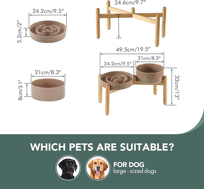 Havniva 3.2 Cup Ceramic Raised Slow Feeder Dog Bowl Set, Elevated 8.2inch Bowl and 9.5inch Puzzle Slow Food Dish with Wooden Stand for Large Dog, Anti-Gulping (2 x Brown Coffee+ Stand)
