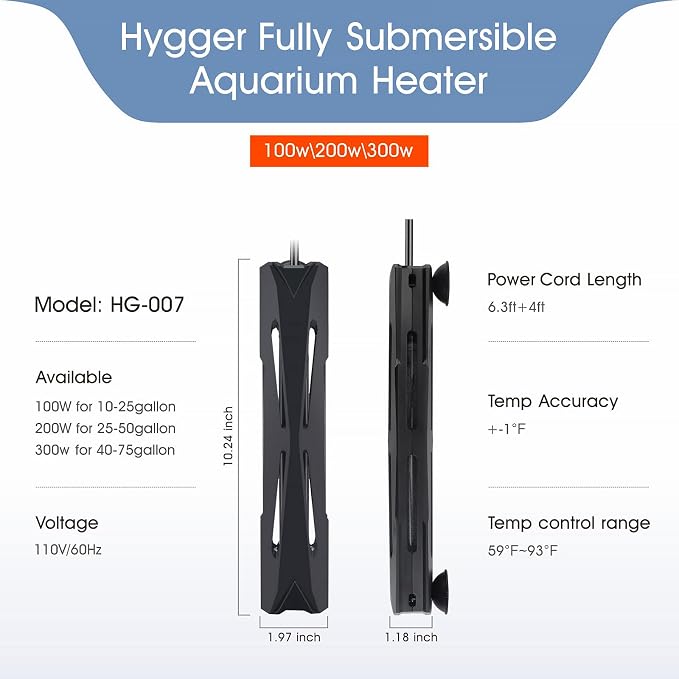 hygger 25-50 Gallon Aquarium Heater with LED Display Controller, Quartz Submersible Fish Tank Heater 200W for Saltwater Freshwater