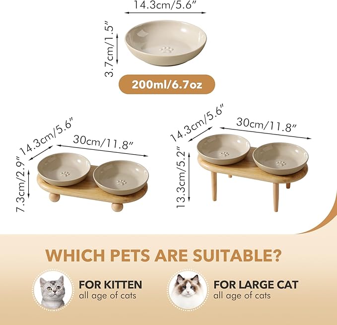 Havniva Elevated Cat Bowls, Ceramic Cat Food Bowl Whisker Friendly Cat Dishes, Kitten Food & Water Bowl with Two Heights Stand, Anti-Slip Raised Cat Food Plates