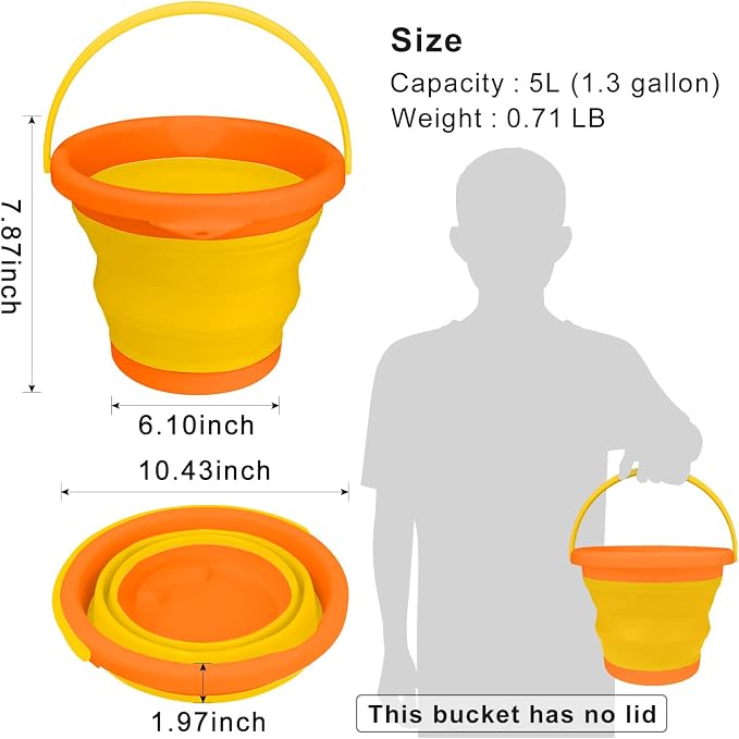 5L Collapsible Car Wash Bucket with Handle, Silicone Ice Bucket for Cleaning, Space Saving Foldable Basin Tub for Beach Sand Gardening Fishing Washing Household Use Storage RV Supplies