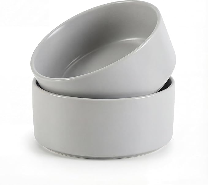Ceramic Dog Bowl for Food and Water - Pet Feeder Bowl for Small to Medium Dogs and Large Cats - Heavy Ceramic Feeding Dish with Non Slip Base - Dishwasher & Microwave Safe - 2 Pack - 6 Inch - Gray