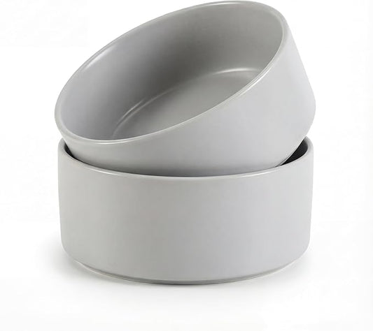 Ceramic Dog Bowl for Food and Water - Pet Feeder Bowl for Small to Medium Dogs and Large Cats - Heavy Ceramic Feeding Dish with Non Slip Base - Dishwasher & Microwave Safe - 2 Pack - 6 Inch - Gray