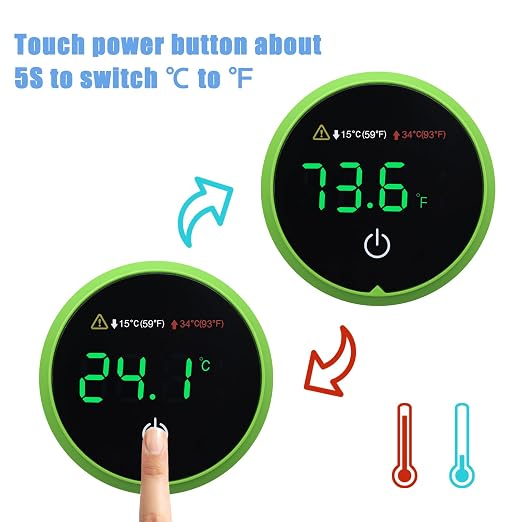 Aquarium Digital Thermometer with LED Touch Screen - Stick-on Fish Tank Thermometer for Betta Tanks, HI/LO Temperature Alarm, Cordless Waterproof Sensor, CR2032 Battery (14-140°F/-10-60°C)