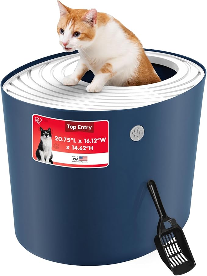IRIS USA Cat Litter Box Large Top Entry with Lid Enclosed Covered Hooded Design Litter Catching Scatter Shield Pan Dog Proof Pet Proof Scoop Included Odor Control for Indoor Cats Kittens, Navy/White