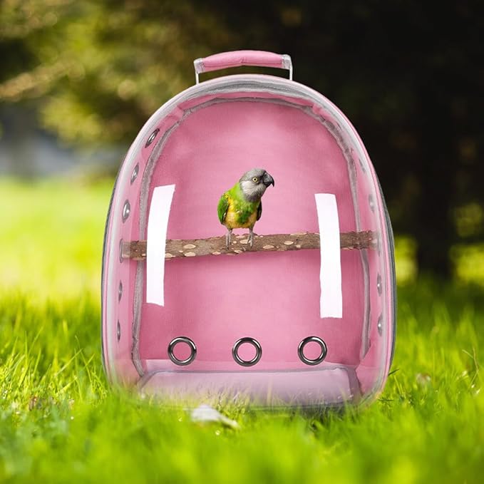 Surakey Parrot Backpack with Wooden Perch Standing Bird Carrier Cage, Carrier Shoulders Bag for Pet Birds Magpies Outing Travel (Pink)