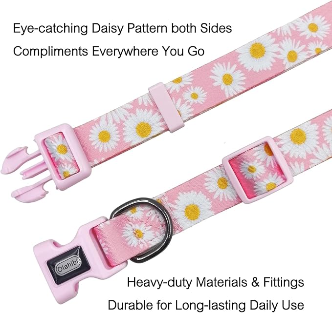 Dog Collar Leash Set, Floral Pattern, Polyester Material, Adjustable Collar and 5ft Matchcing Leash, for Small Dogs.(S, Light Pink Daisy)
