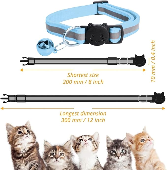 MJIYA Reflective Cat Collar with Bell, Breakaway Grid Collar with Plastic Buckle, Girl Boy Pet Kitty Collars Adjustable 7.5-12.5 Inch (Light Blue)