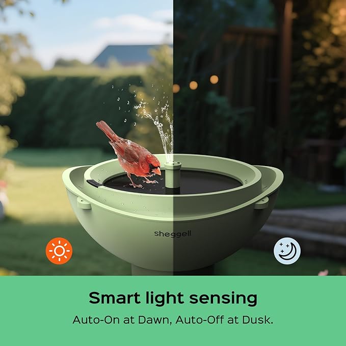 Sheggell Smart Bird Bath, 2L Large Capacity with Water Circulating Filtration, Solar Bird Bath with 3 Fountain Modes, Hanging & Freestanding Design, IPX6 Waterproof, Birdbath for Yard（Light Green）