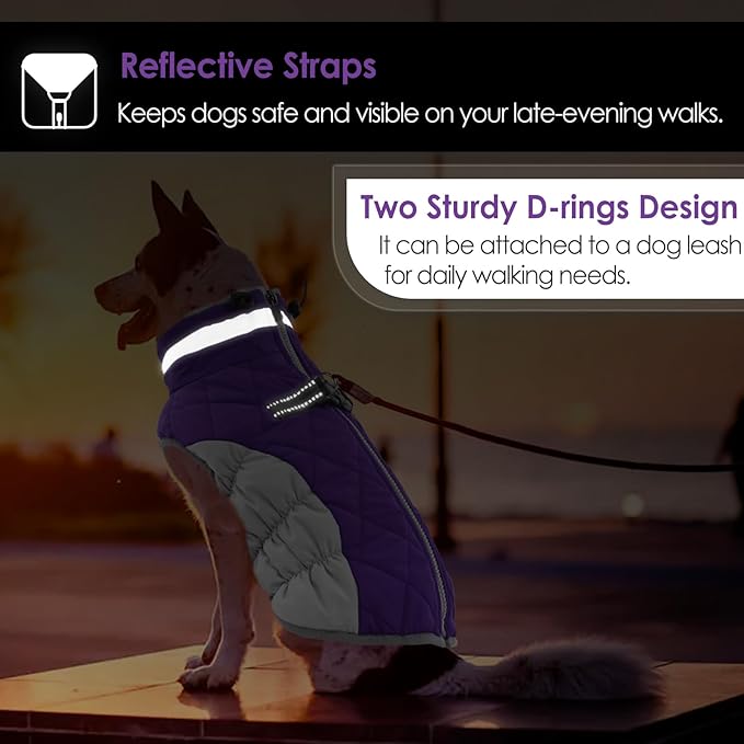 AOFITEE Dog Coat, Warm Dog Winter Coat for Small Dogs, Reflective Turtleneck Dogs Jacket with Harness Built in, Waterproof Windproof Pet Fleece Vest Snow Jacket for Cold Weather, Purple S