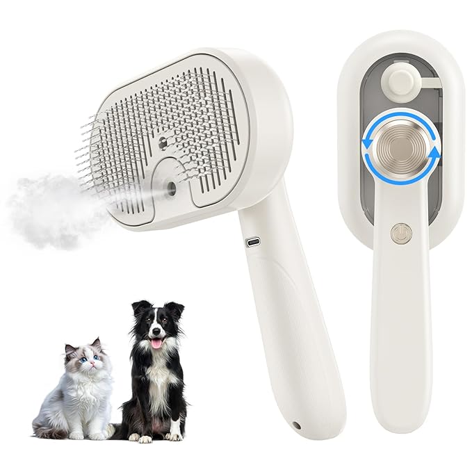 Cat Brush for Shedding, 2026 Upgraded Mist Spray & Self Cleaning Slicker Brush for Indoor Cats & Dogs, Pet Steam Brushes Rechargeable, Skin Friendly Pet Grooming Comb with 180° Rotating Handle