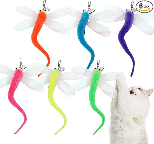 Cat Big Eye Dragonfly Toys Replacement Cat Toy Wand Refills, 6 Pieces Big Eye Dragonfly Cat Toy Feathers Refill, Interactive Cat Teaser Wand Attachments, with Bell