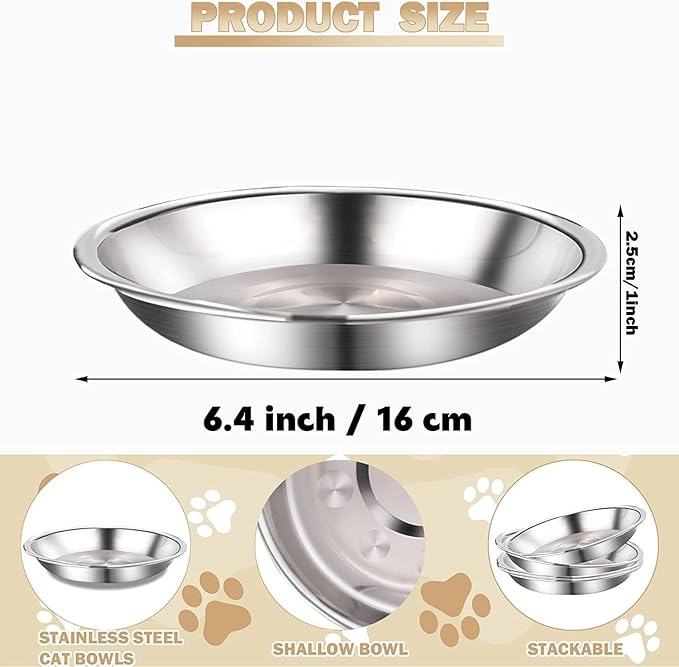 6 Pcs Stainless Steel Cat Bowls Shallow Wide Food Bowls for Cats Replacement Whisker Fatigue Relief for Small Dogs and Cats Indoors (Silver)