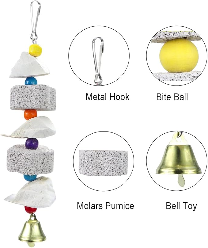 2Pcs Parrot Bird Chewing Toy, Bird Beak Grinding Stone with Bell, Lava Block Calcium Supplement Food for African Greys Amazon Conure Eclectus Budgies Parakeet Cockatiel Hamster Chinchilla Rabbit