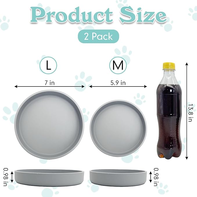 Silicone Dog Bowl Shallow Cat Food Bowls 7in Flat Puppy Plates Cute Whisker Fatigue Pet Feeding Dishes Set of 2 for Dry and Wet Food Indoor (Round Grey)