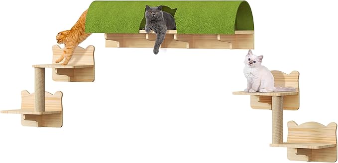 Cat Wall Shelves with Tunnel, 7-in-1 Solid Wood Wall Mounted Cat Furniture with Scratching Post, Cave & Steps, Multi-Level Cat Climbing Wall Systems, Space Saving, Floating Cat Shelves