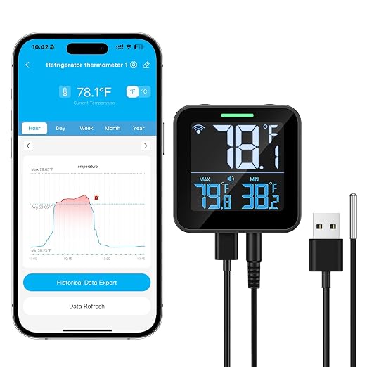 WiFi Refrigerator Thermometer, Freezer Alarm with LCD Display | Digital fridge monitor with app alerts & buzzer & indicator alarm, anti-false for kitchen, fish tank and hot tub, 2.4G Wi-Fi