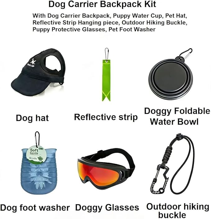 Dog Carrier Backpacks,Adjustable Safety Dog Carrier Backpacks Kit with Dog Water Cup, Reflective Strip Pendant, Dog Hat Hiking Buckle,Puppy Foot Washer, Pet Protective Glasses(Medium)