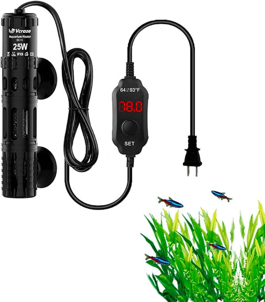 Aquarium Heater 25W, Submersible Fish Tank Heater with LED Digital Display, Auto Power-Off When Leaving Water & High Temp Protection, for Fresh and Salt Water Tanks 3-5 Gal