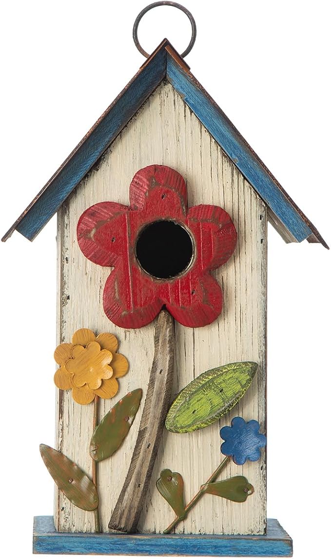 Glitzhome Hanging Bird House for Outdoor,10.2" H Patio Garden Decorative Birdhouse Pet Cottage Wooden Distressed Birdhouse with 3D Flowers for Bluebird,Hummingbird,Sparrow,Wren Finch, Washed White