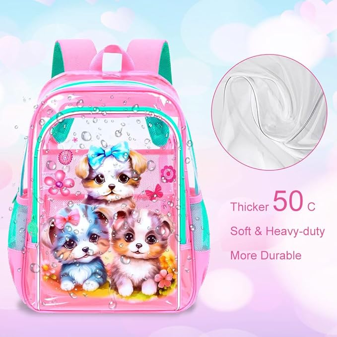 Clear Backpack for Girls and Boys, Kids Transparent Bookbag, 3PCS Cute See Through School Bag for Elementary Prechool