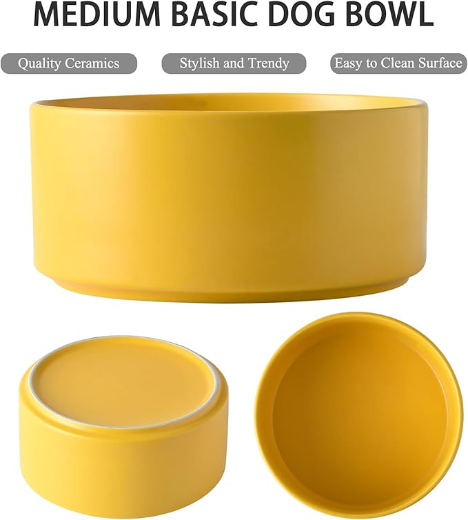 Ceramic Set of 2 Dog Bowls - Classic Dogs Food & Water Bowl for Small and Medium Breed, Heavy-Duty Non-Slip Dog Dishes, Food Grade Pet Bowl, Dishwasher & Microwave Safe (6'', 2*30OZ, Yellow)