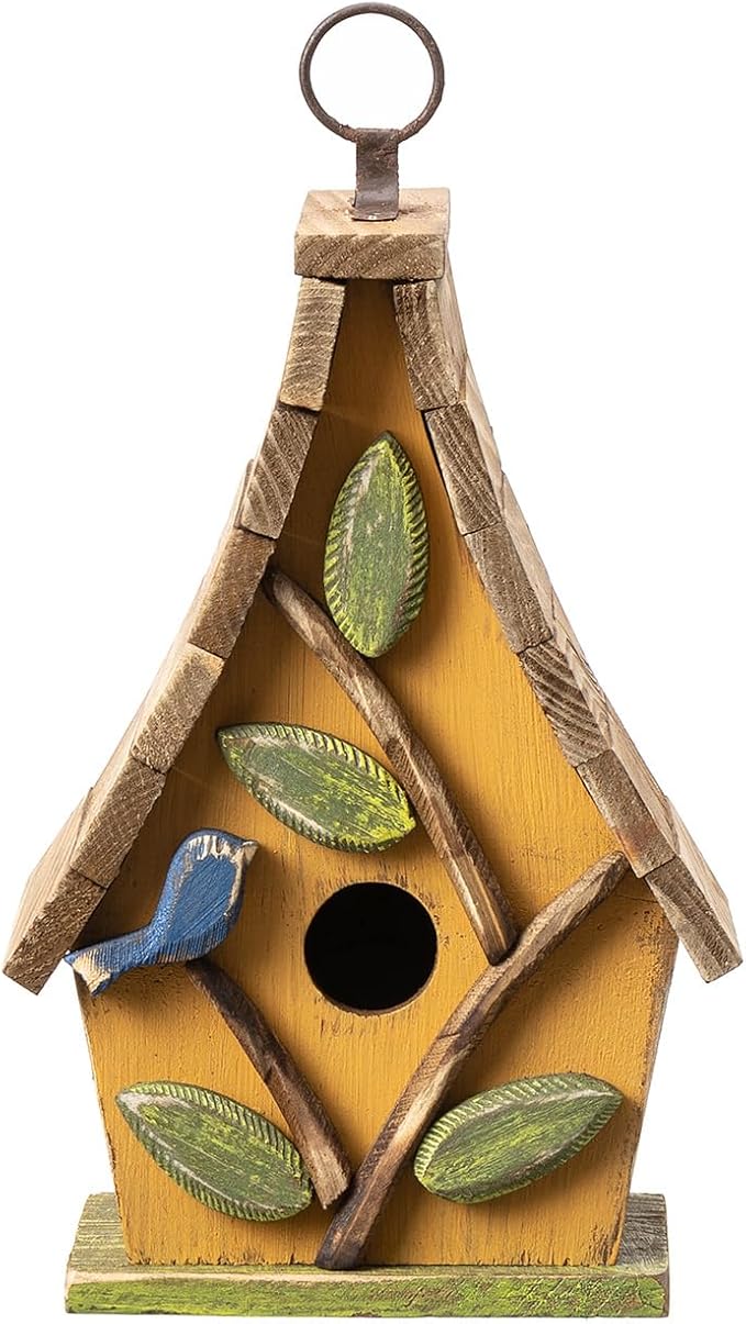Glitzhome Bird Houses for Outdoors, Solid Wood Bluebird Houses for Outside, 9.5" H Garden Decorative Hanging Birdhouse with Natural Wood Pallet Roof for Finch Swallow Wren Chickadee,Washed Yellow