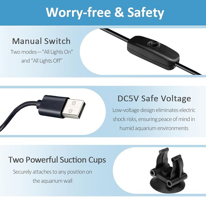 DaToo LED Aquarium Light 3 W Underwater USB Fish Tank Light White and Blue Submersible Aquarium Light 7in