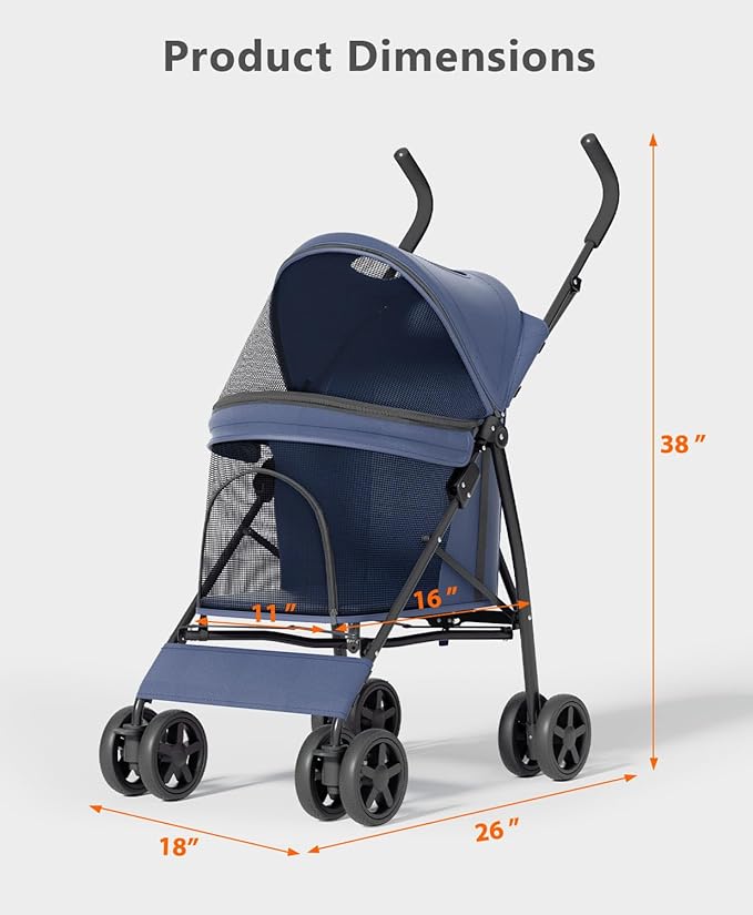 OS MOTOR Pet Stroller with 4 Wheels for Small/Medium Pets, Portable Travel Foldable Carrier Jogger for Dog Cat Puppy Kitty, Rear Wheel Breaks, Storage Basket, Visible Mesh Weather Cover (Navy Blue)